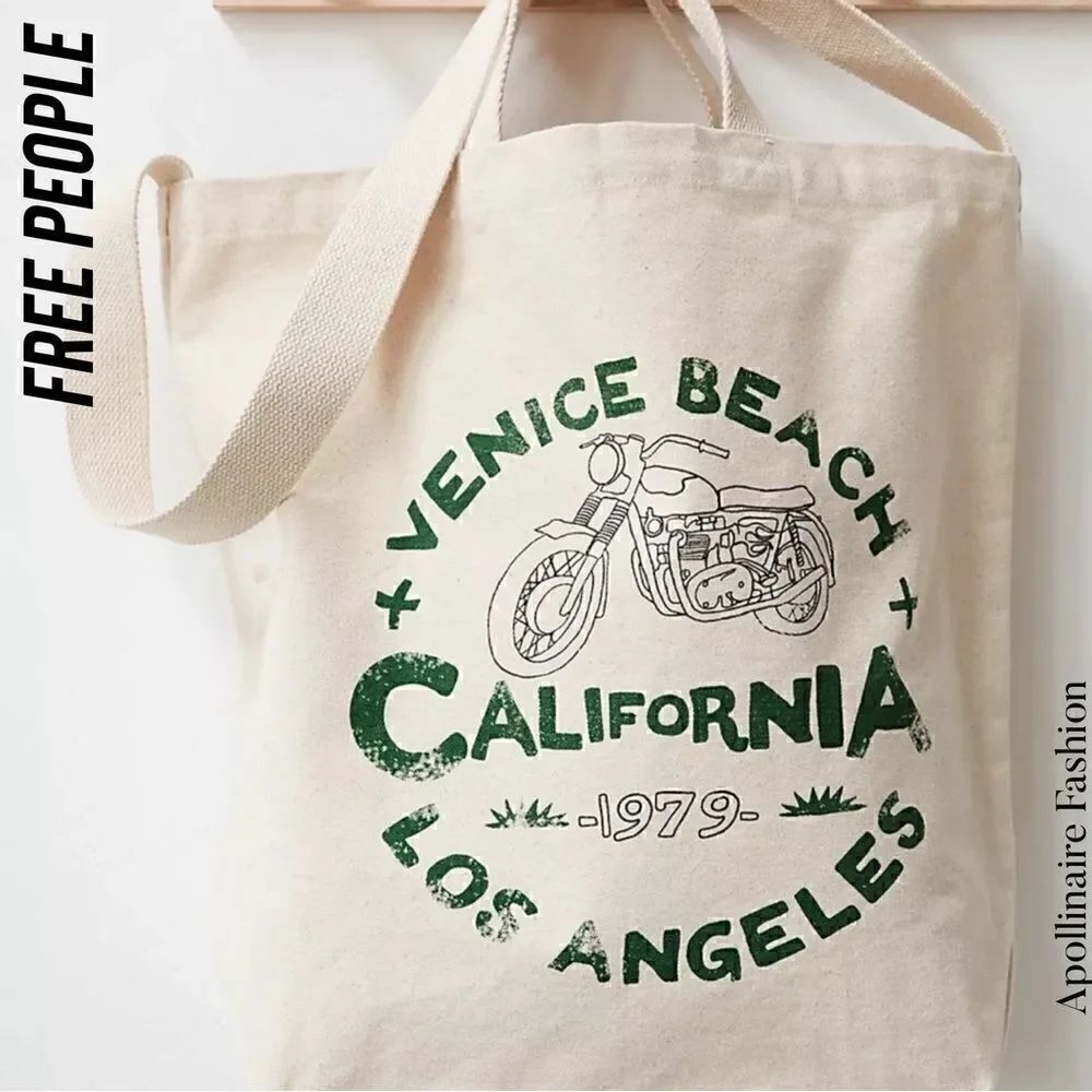 FREE PEOPLE VENICE BEACH CANVAS TOTE NEW CREAM AND GREEN